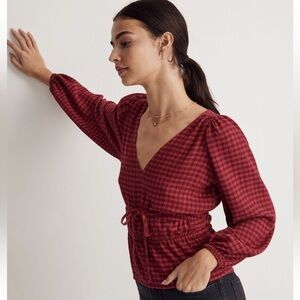 Madewell Crinkle Red Plaid Long Sleeve Top